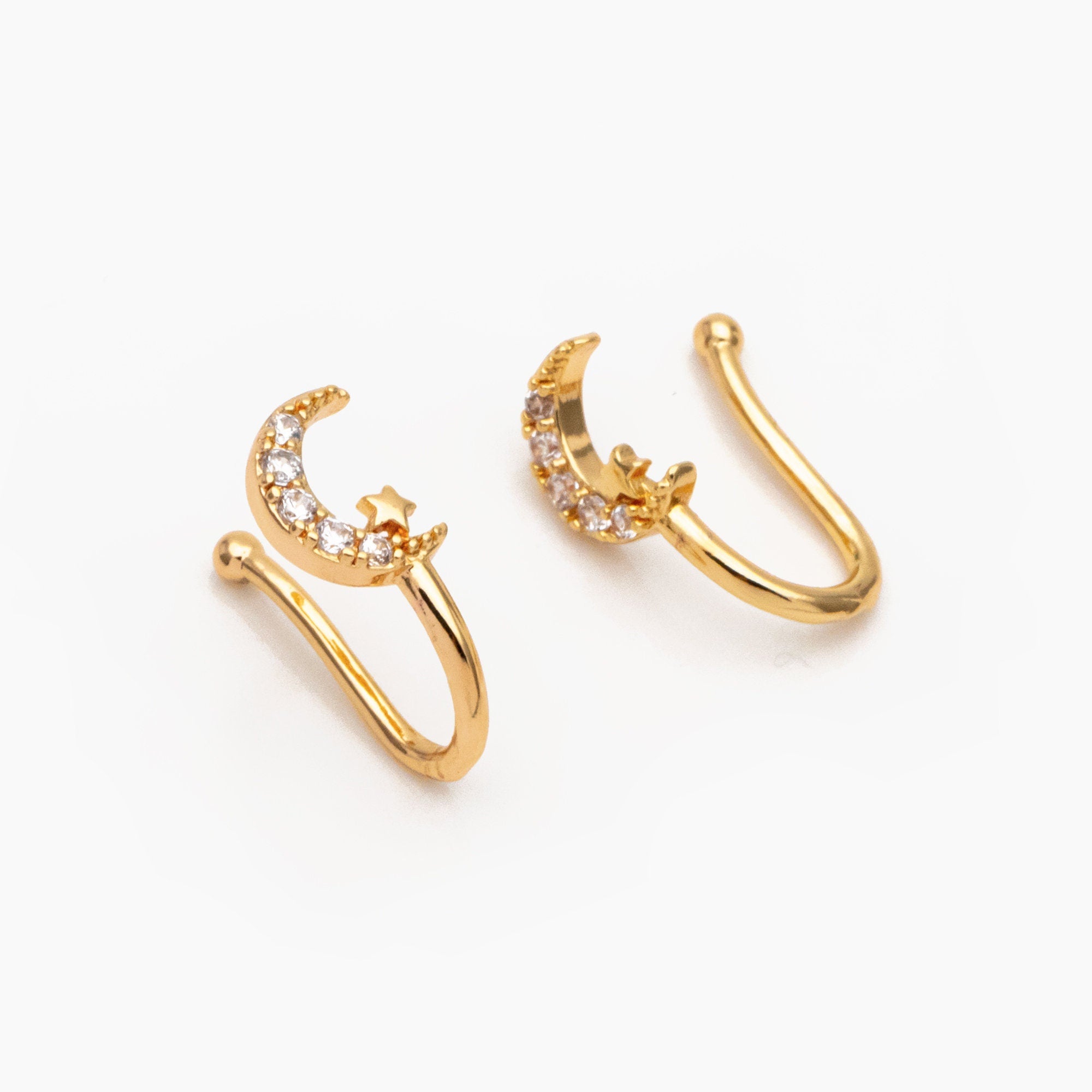 4pcs CZ Pave Moon And Star Nose Cuff, Non Piercing Nose Cuff, Gold plated Brass, Adjustable Fake Nose Rings, Dainty Nose Jewelry (GB-3709-F)